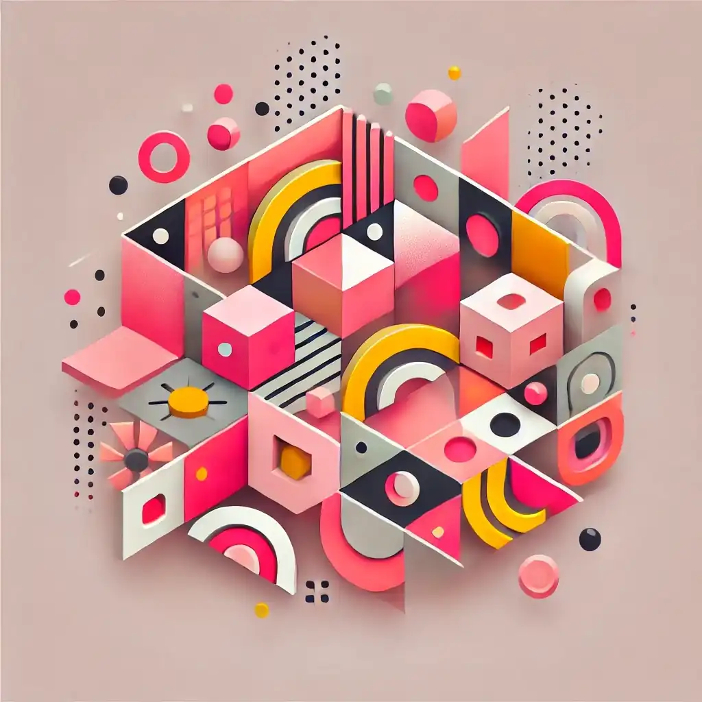 An abstract geometric artwork representing ‘Confirmation Bias’. The image consists of various shapes and forms in pink, neon green, coral red, and yellow. The composition conveys the idea of selective attention and interpretation. Some shapes appear clear and structured, while others are fragmented or obscured, symbolizing how people focus on confirming their beliefs while ignoring contradictory information. The overall design should feel dynamic and thought-provoking, with an interplay of sharp and soft edges.