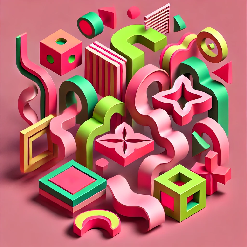 An abstract geometric artwork representing the ‘Status Quo Bias’. The image consists of various shapes and forms in pink, neon green, coral red, and yellow. The composition conveys the idea of resistance to change and preference for stability. Some shapes appear rigid, repetitive, or stuck in patterns, while others suggest movement or transformation but remain suppressed. The design should avoid an isometric look, instead featuring free-flowing, overlapping, and organically arranged geometric elements. The overall feel should be dynamic and thought-provoking, emphasizing contrast between stagnation and potential change.