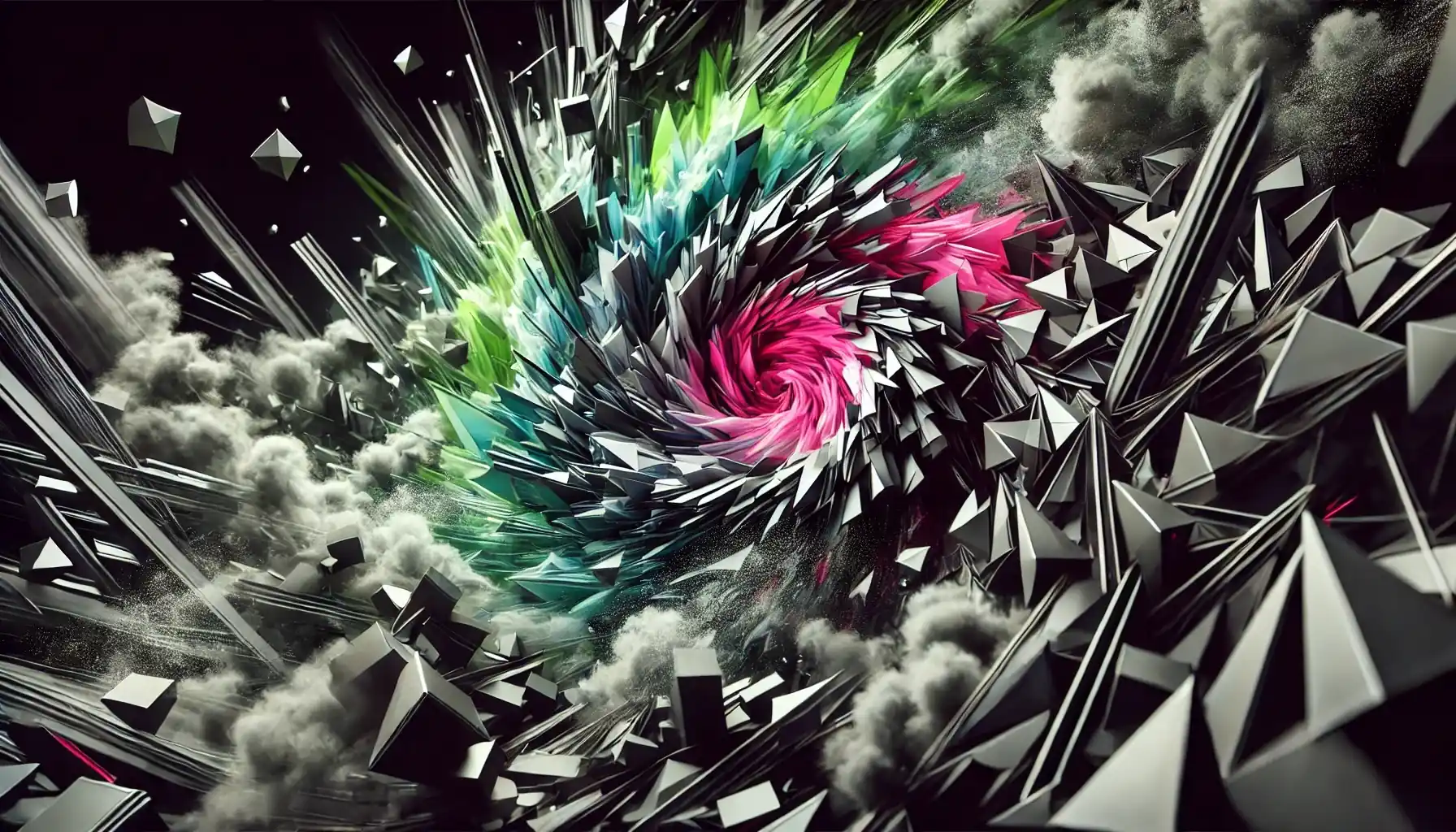 AI generated picture of: A chaotic vortex made of geometric shapes, swirling in an intense and stormy atmosphere. The shapes are sharp and dynamic, creating a sense of unrest and movement. Instead of black and white, the colors are neon green and vibrant pink, glowing against a dark background. The composition feels tense and energetic, with the shapes twisting and colliding, forming an abstract yet visually striking scene.
