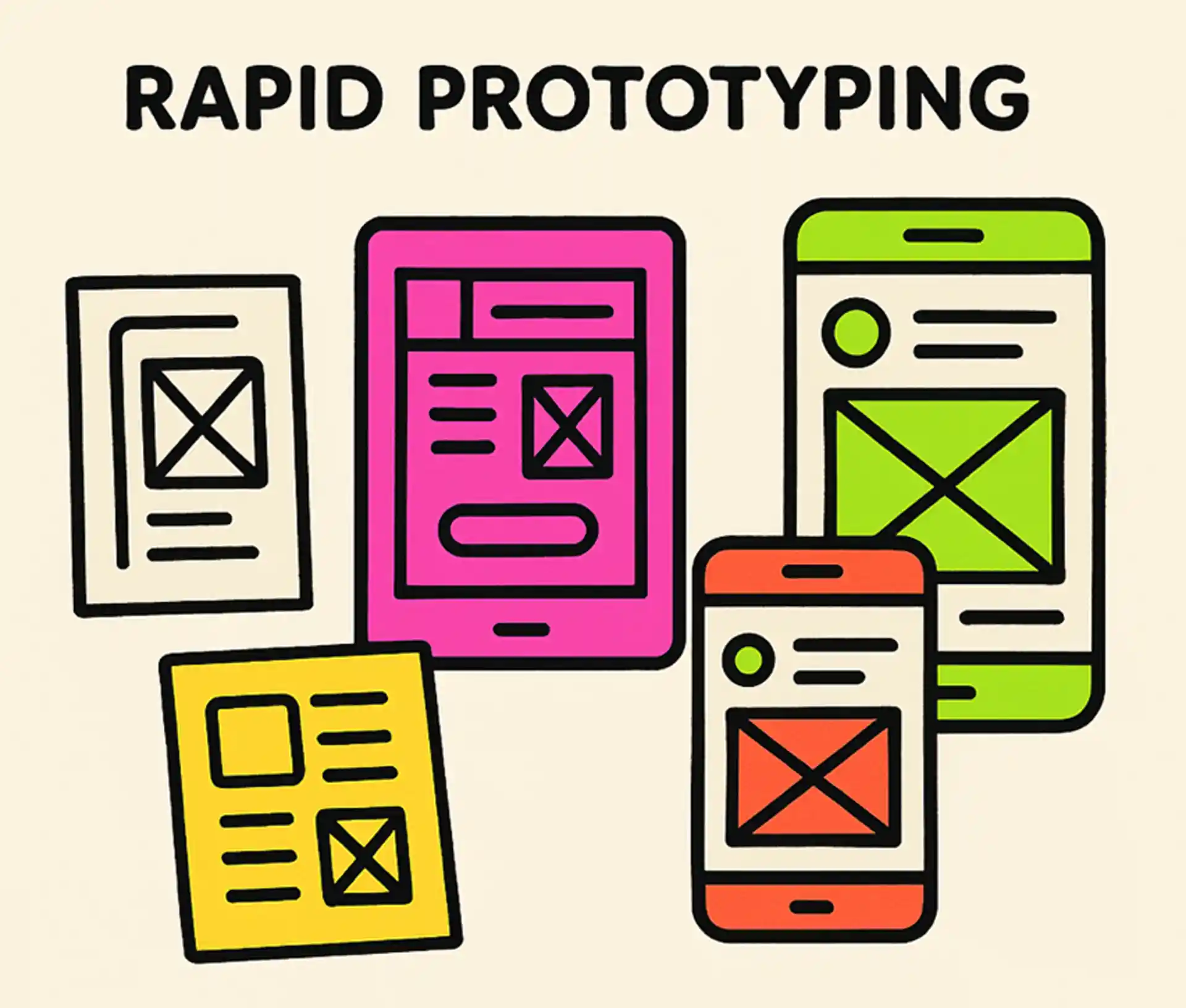Various paper and digital prototypes showing different stages of design iteration, from low-fidelity sketches to interactive mockups.